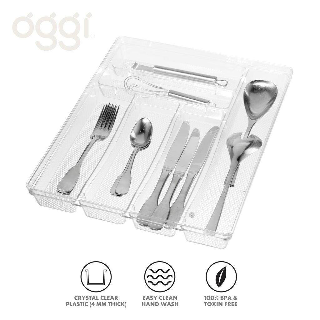 Oggi Silverware Organizer Tray, 6-Compartment, Clear