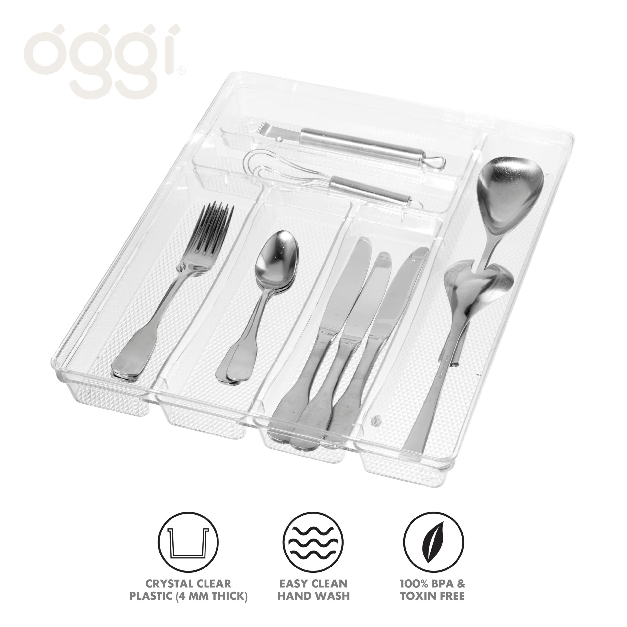 Oggi Silverware Organizer Tray, 6-Compartment, Clear