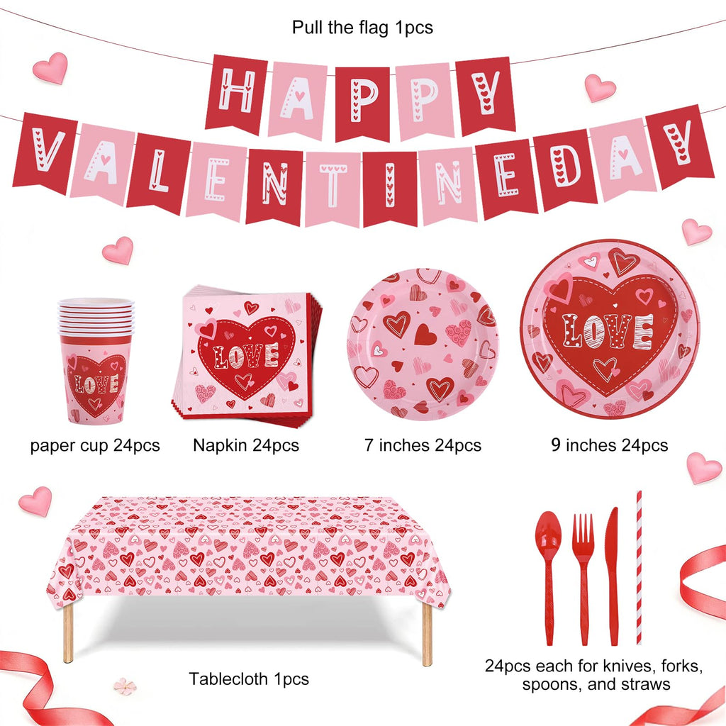Valentine's Day Party Decorations Plates Red Heart themed Disposable Plate with Cups Banner Tablecloth,Serves 24