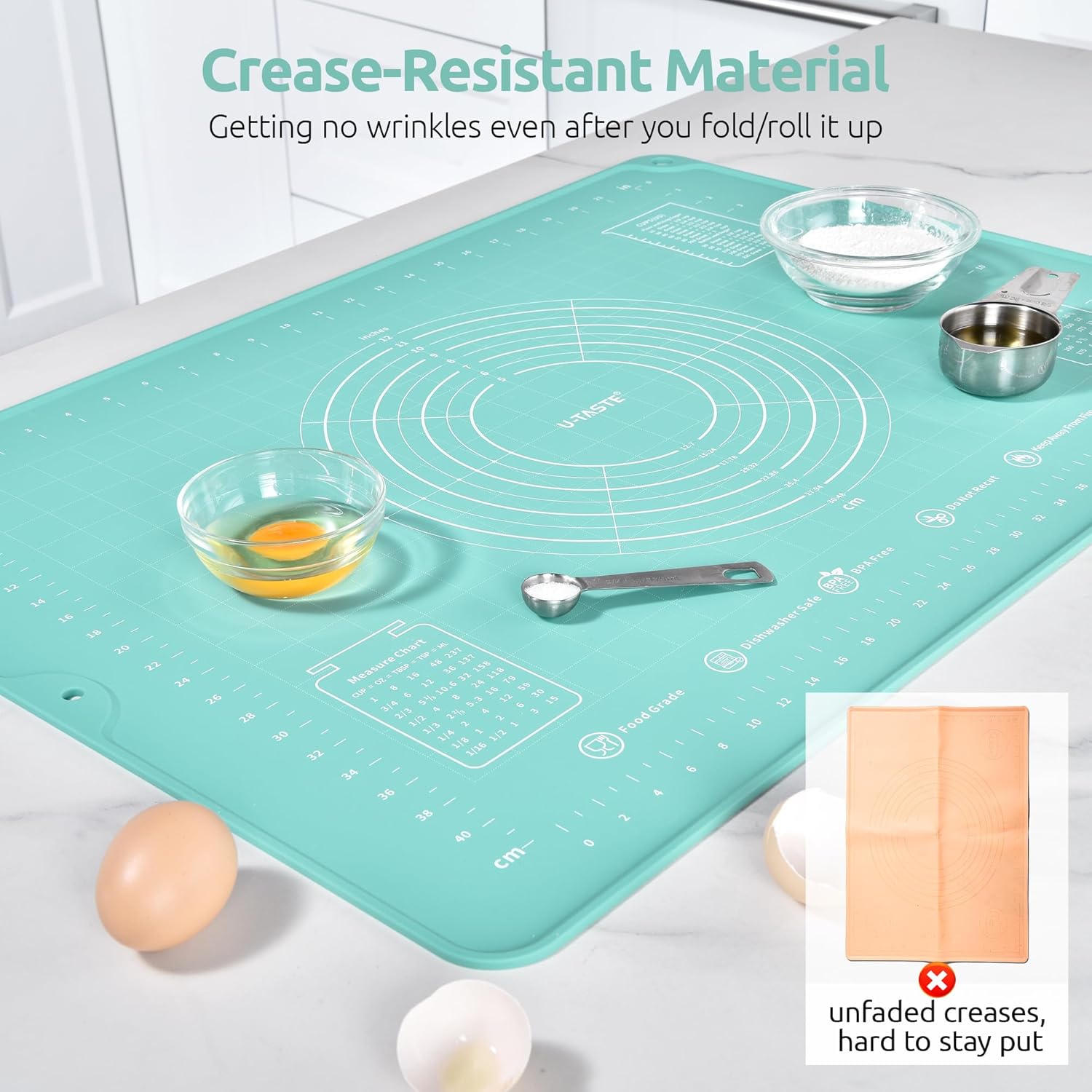 U-Taste Large Pastry Mat 28"x20" - Food-Grade Silicone, Non-Stick, Non-Slip with Clear Measurements (Aqua Sky)