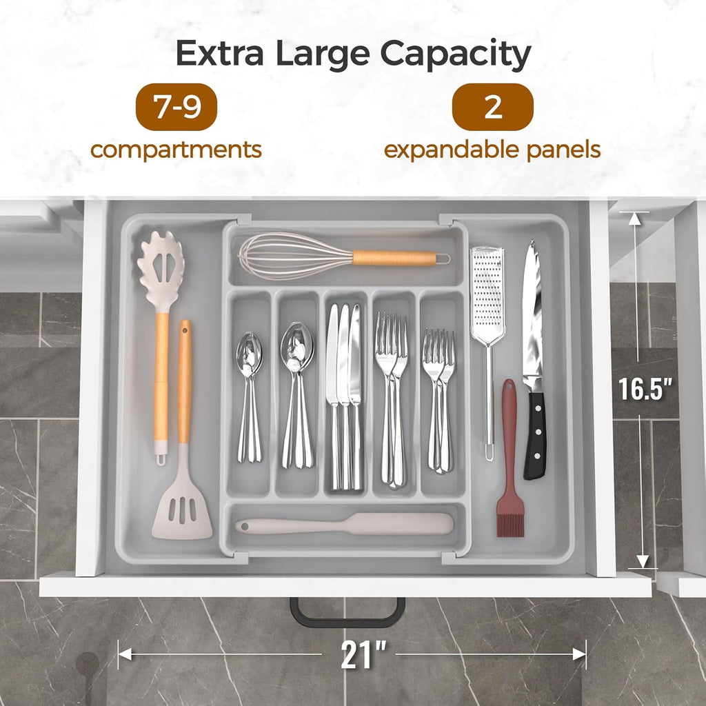 Ukeetap Extra Large Expandable Silverware Organizer - BPA-Free Cutlery Holder for Kitchen Drawers | Gray