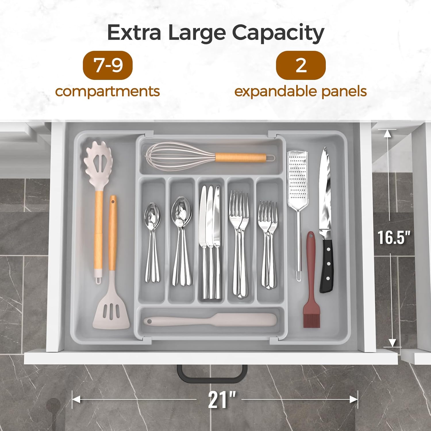 Ukeetap Extra Large Expandable Silverware Organizer - BPA-Free Cutlery Holder for Kitchen Drawers | Gray