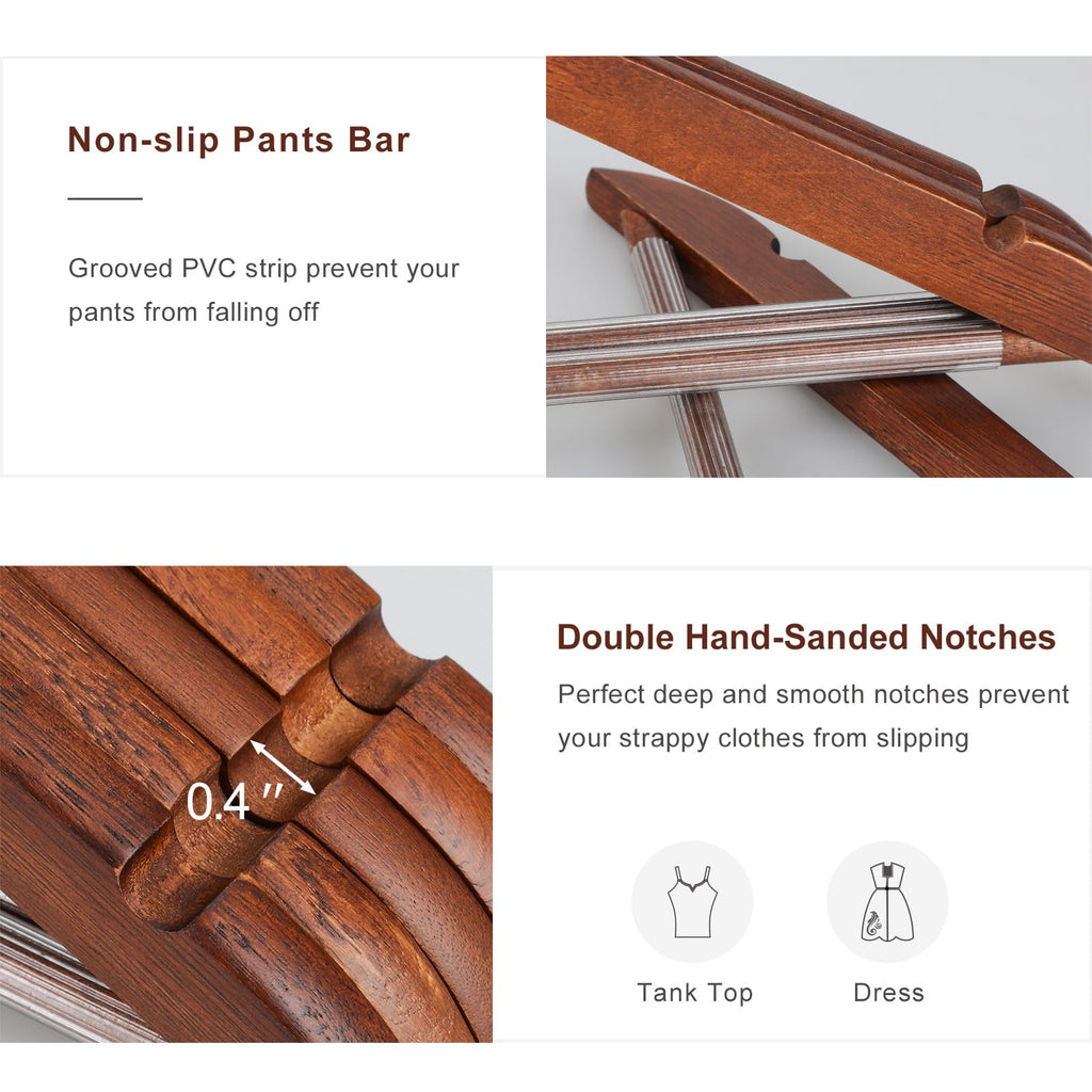 TOPIA HANGER Walnut Wooden Hangers 30 Pack, Wood Clothes Hangers, Durable Coat Hanger with 360-Degree Rotatable Hook, Non-Slip Pants Bar and Shoulder Notches for Camisole Tops - CT34WA30