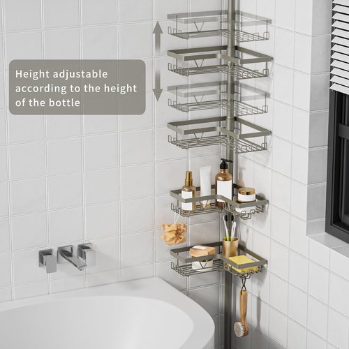 KEGII Shower Caddy Tension Pole - 4-Tier Rustproof Bathroom Organizer for Renters | 25–114.2 Inch Silver Gray