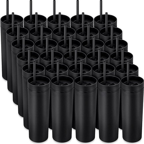 Potchen 30 Pcs Skinny Tumbler with Lid and Straw, 16 oz Matte Acrylic Tumbler Insulated Double Wall Plastic Reusable Cups Vinyl Customized DIY Gifts for Parties, Birthday, Home, Office(Black)