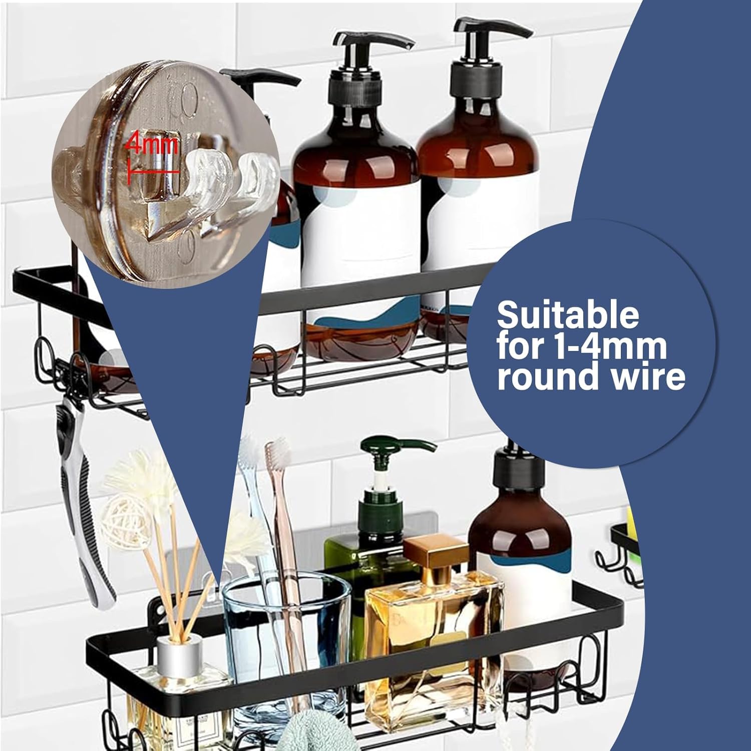 YOLOPLUS+ Shower Caddy Adhesive Hooks - Strong No-Drill Sticker Hooks for Bathroom & Kitchen | 8 Pack