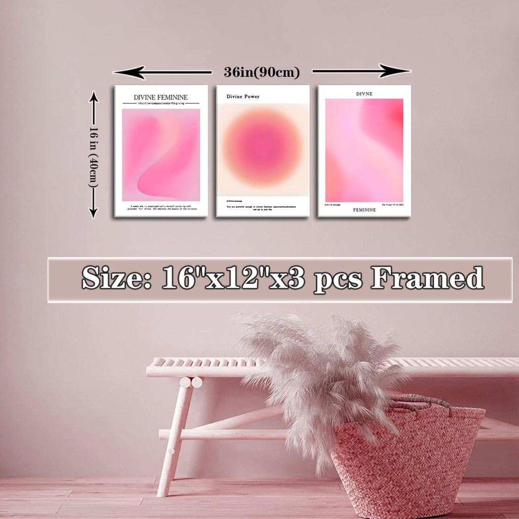 Trendy Aesthetic Canvas Wall Art Set of 3 - Pink Gradient Aura Angel Posters | Framed 12x16 Inch Decor