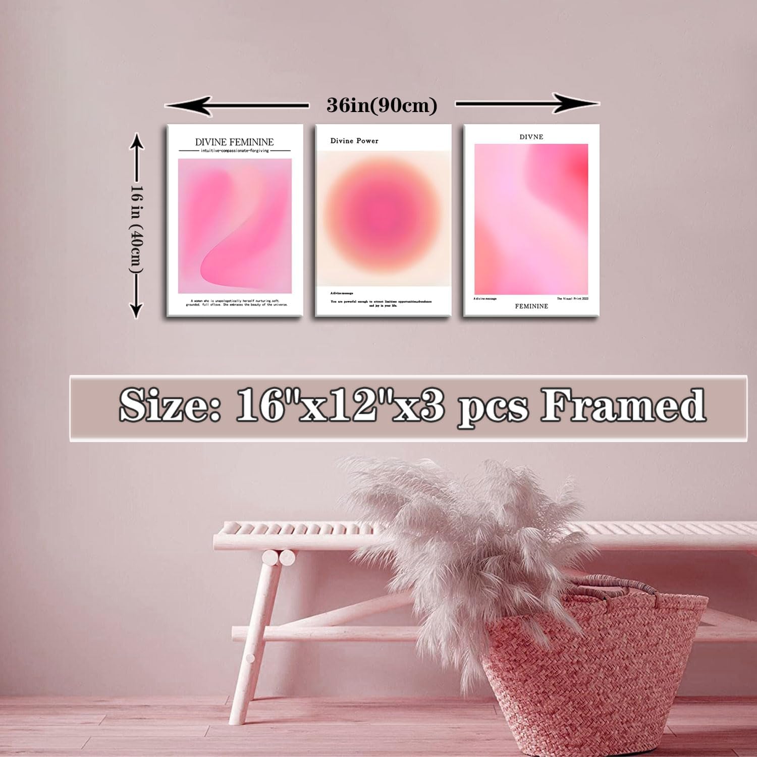 Trendy Aesthetic Canvas Wall Art Set of 3 - Pink Gradient Aura Angel Posters | Framed 12x16 Inch Decor