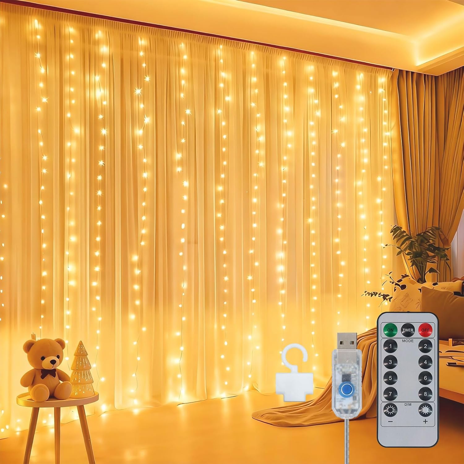 Skiennix 300LED Fairy Curtain Lights - Dimmable Twinkle Lights with Remote & Timer | 9.8ft x 9.8ft, Warm White