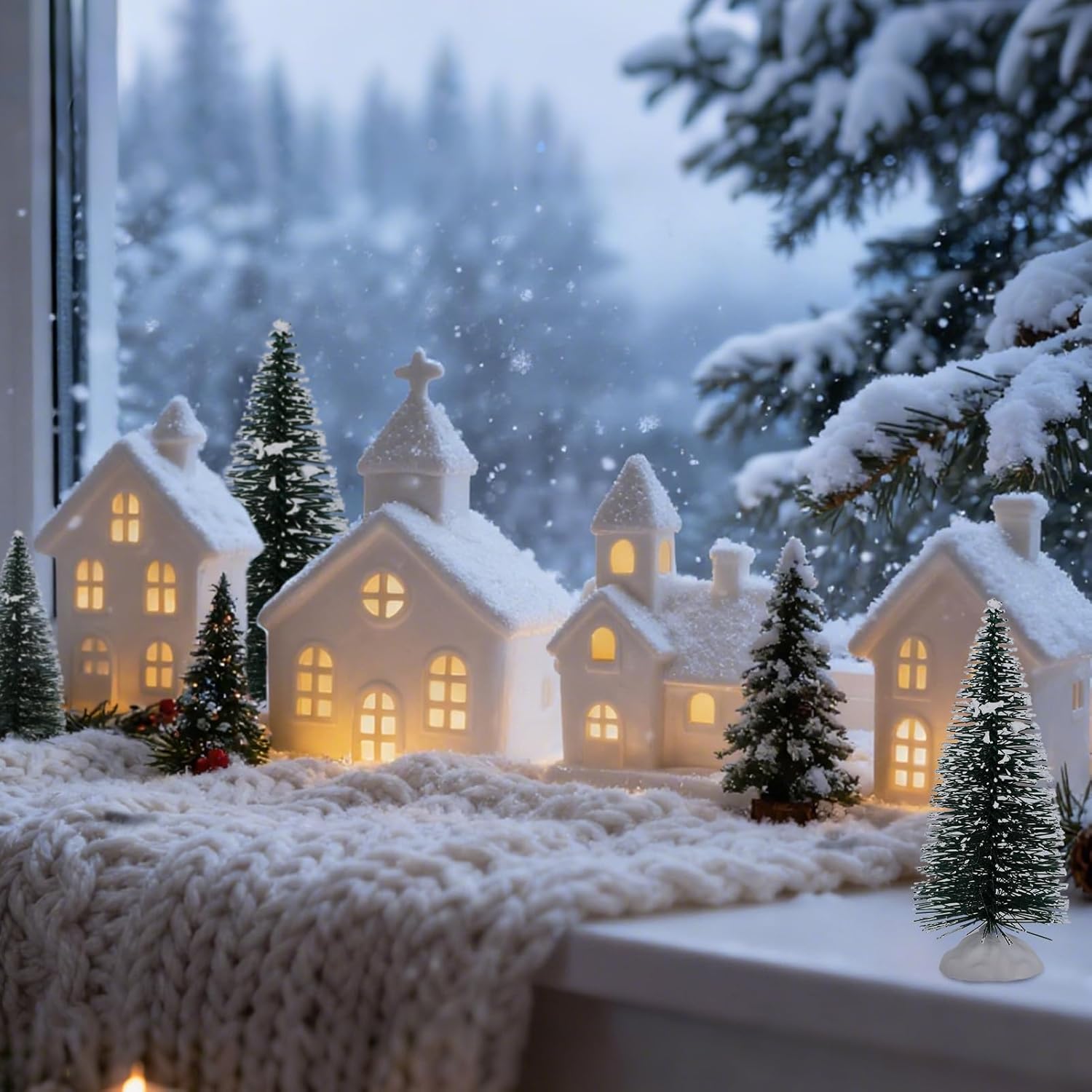 Regine Switzerland Christmas Village Set - 9 Pcs Lighted Ceramic Houses & Trees | Winter White Decor