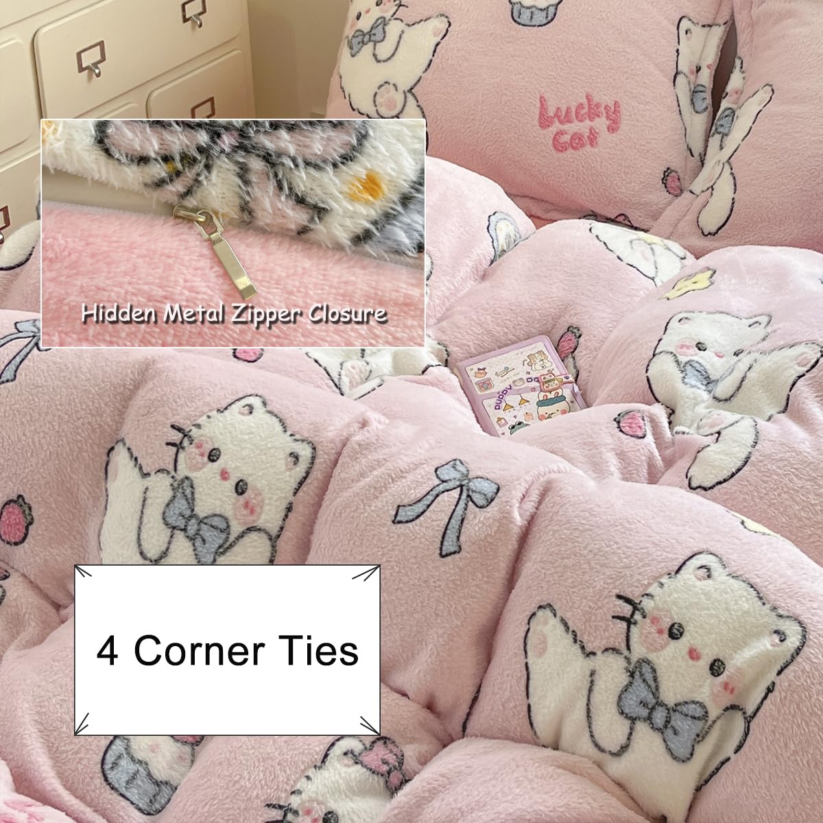 LMONMOO Pink Duvet Cover Queen, Bunny Cake Kawaii Bedding Sets, Ultra Soft Cute Fluffy Comforter Covers Set for Girls Kids Women Teen(Cake, Queen)