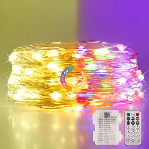Ariceleo Battery Operated String Lights - 50 LEDs with Remote Control & Timer | 5M/16.4ft Warm White & Multi-Color
