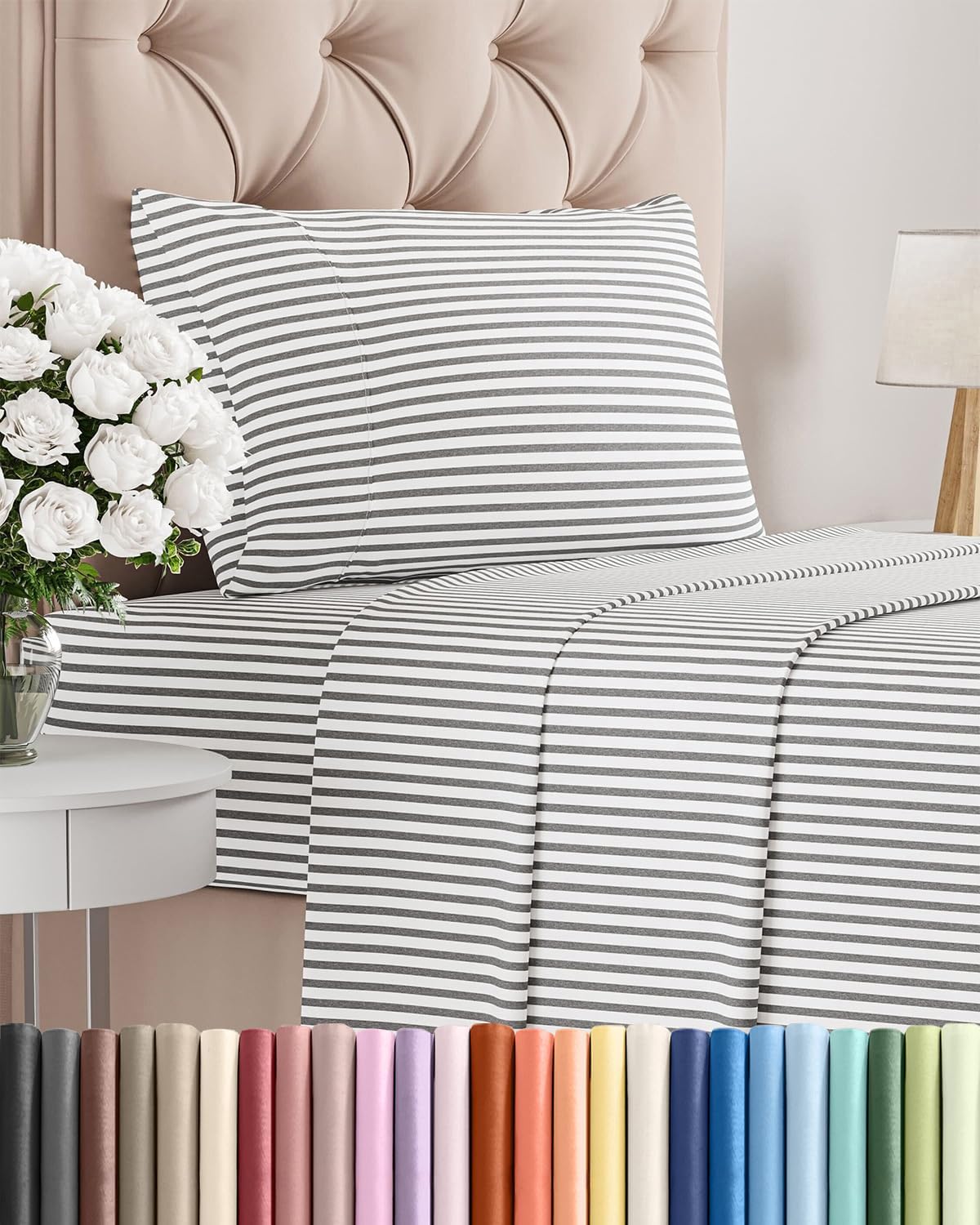 Skiennix Twin Size Sheet Set - Comfy, Breathable & Cooling Bedding - Luxury Grey Stripes - Deep Pockets, Soft, Wrinkle-Free