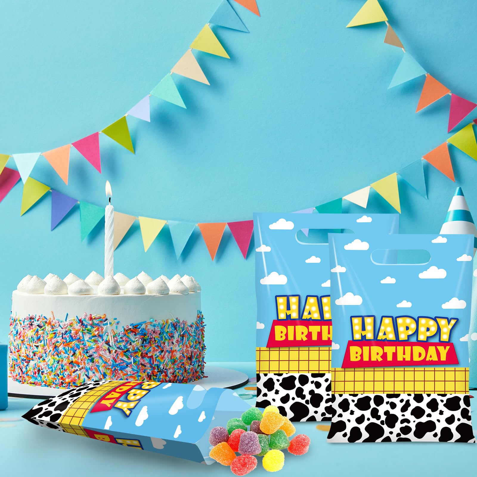 Ragnhild 50 Pcs Cartoon Story Birthday Party Favor Bags, Cow Pattern Goodie Treat Bags Party Supplies, Blue Sky White Cloud Plastic Candy Gift Bag with Handle for Kids Birthday Decorations