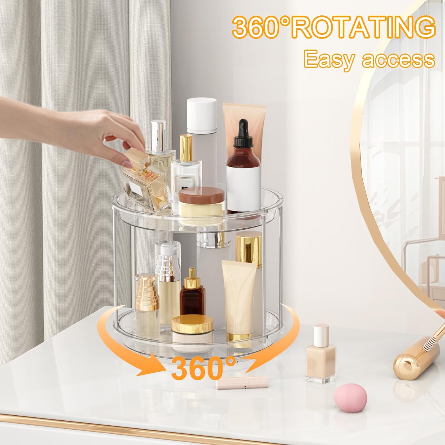 Skiennix 360 Rotating Makeup Organizer - 2-Tier Clear Vanity Turntable for Skincare & Perfume