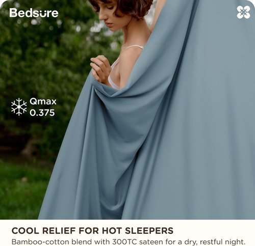 Bedsure Bamboo Viscose Cooling Sheets - Breathable & Buttery Soft Queen Size Set | Deep Pocket, Dusty Blue