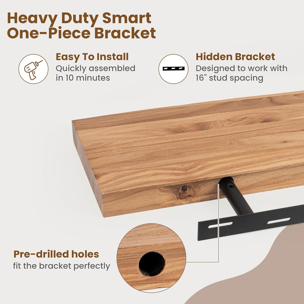 Rustic Solid Elm Wood Floating Shelves by [Brand Name] - Live Edge Wall Mounted Design | Set of 2, 24 Inch, Natural Finish