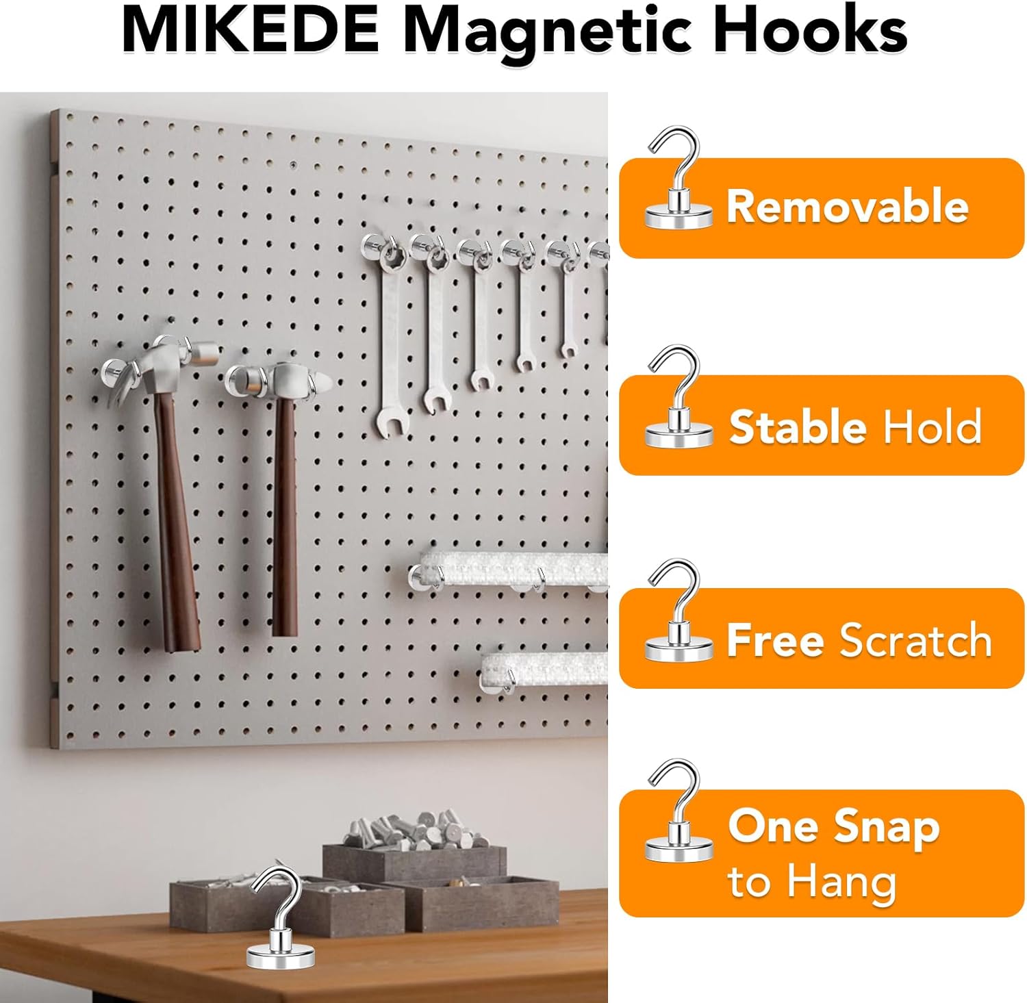 MIKEDE Heavy Duty Magnetic Hooks - 170Lbs Super Strong Neodymium Magnet Hangers for Storage | 4 Pack