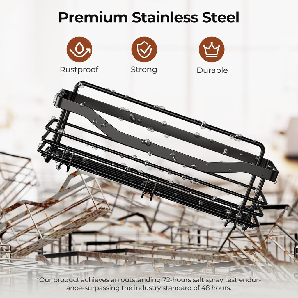 Orimade Shower Caddy Shelf - Rust Resistant Wall-Mounted Organizer with 5 Hooks | 2 Pack, Black