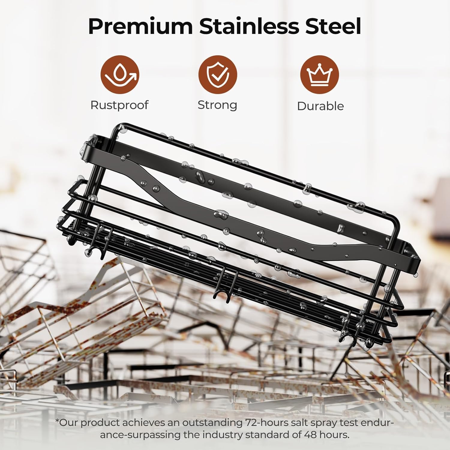 Orimade Shower Caddy Shelf - Rust Resistant Wall-Mounted Organizer with 5 Hooks | 2 Pack, Black