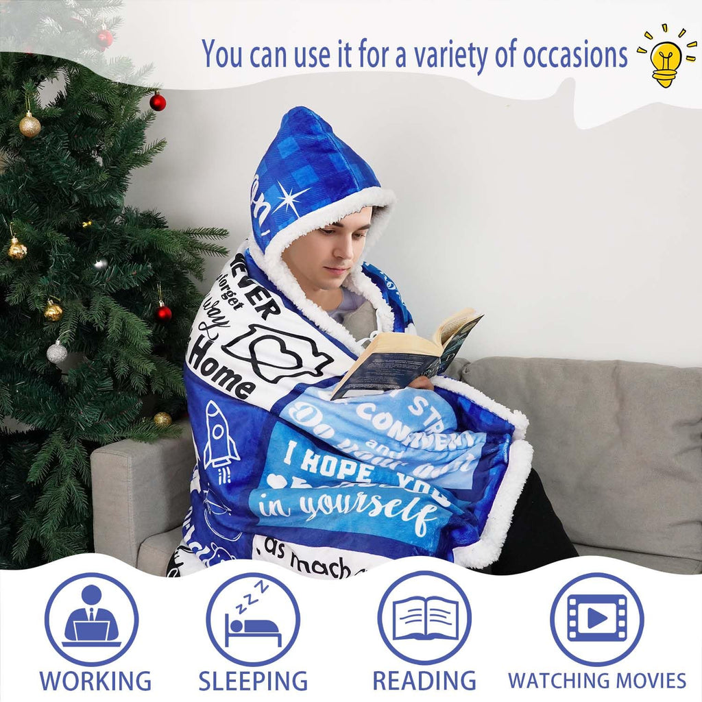 Father's Day Wearable Blanket Hoodie Gift for Son, Son Birthday Gifts from Mom Dad Parents, Soft Blue Throw Son Blankets for Christmas Graduation Ceremony