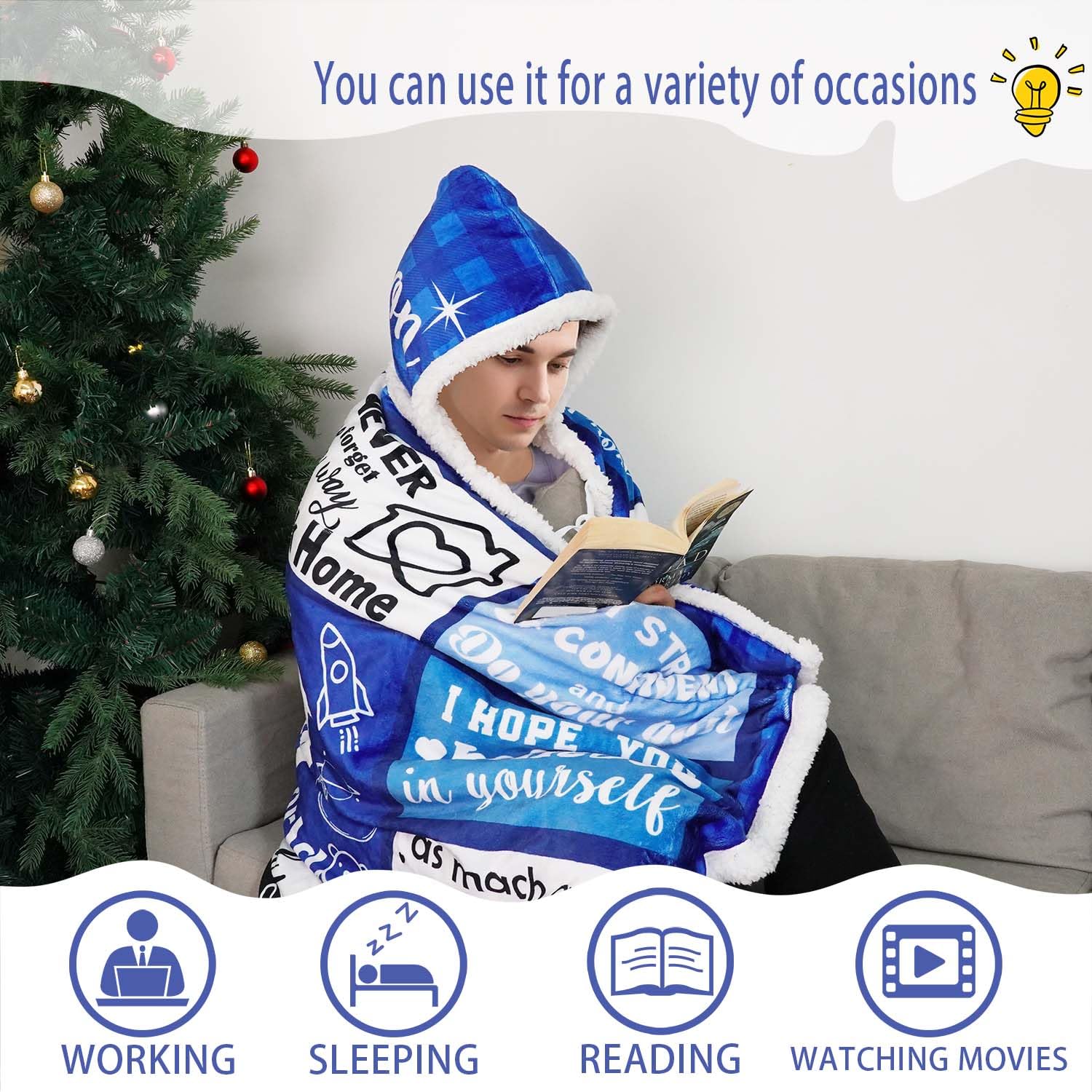 Father's Day Wearable Blanket Hoodie Gift for Son, Son Birthday Gifts from Mom Dad Parents, Soft Blue Throw Son Blankets for Christmas Graduation Ceremony