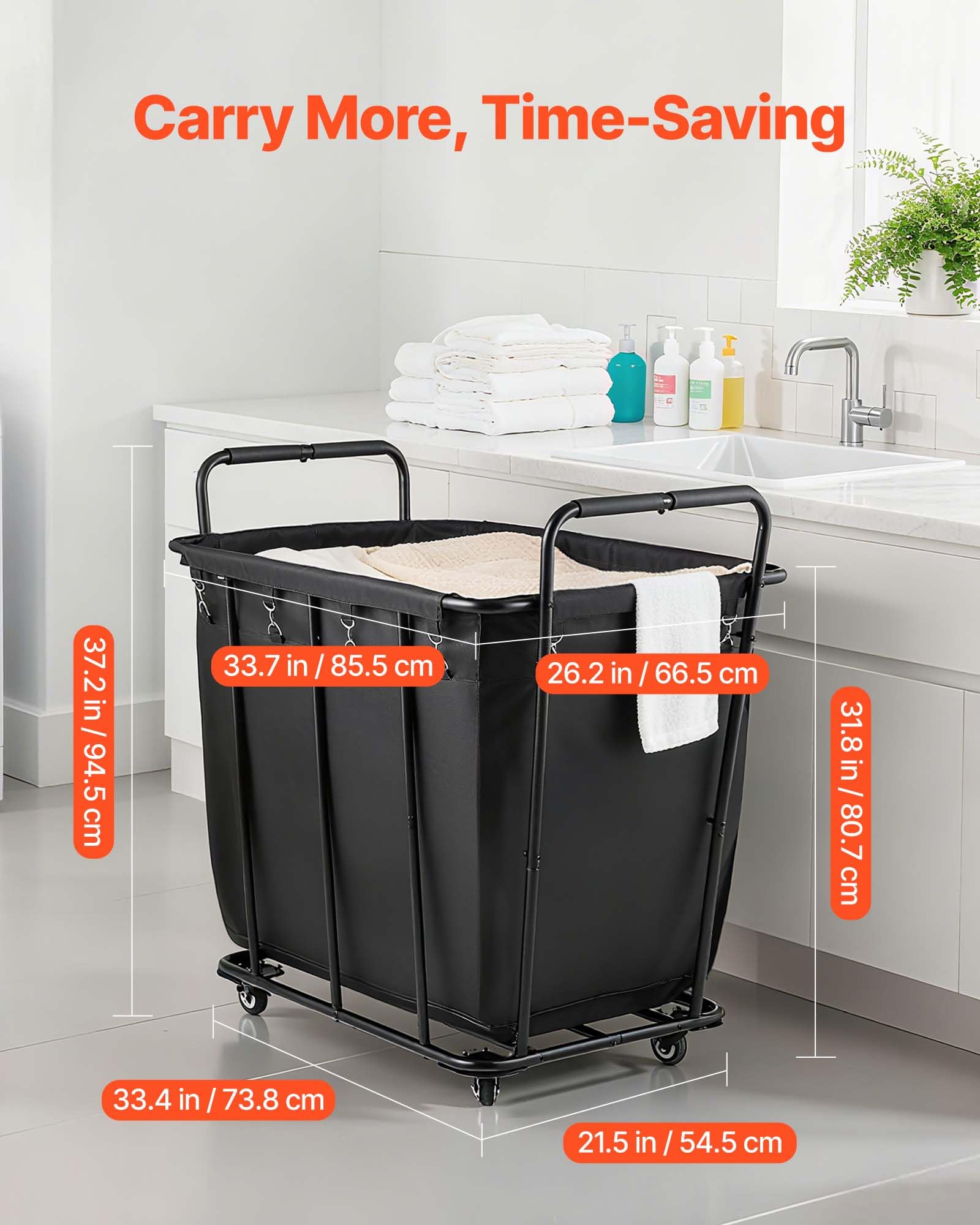 VEVOR Laundry Cart, Rolling Grocery Utility Cart with Waterproof Liner & Swivel Wheels, 260 LBS Large Load Capacity, Heavy Duty Shopping Basket for Laundry, Shopping, Camping, Grocery, Luggage, Black