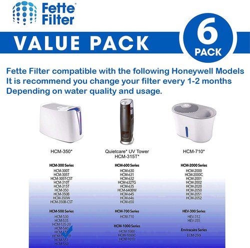 Fette Filter -Premium Humidifier Filters Compatible with Honeywell Humidifier Filter HAC-504, HAC-504AW & Honeywell Filter A & Cool Mist Humidifiers- Pack of 6