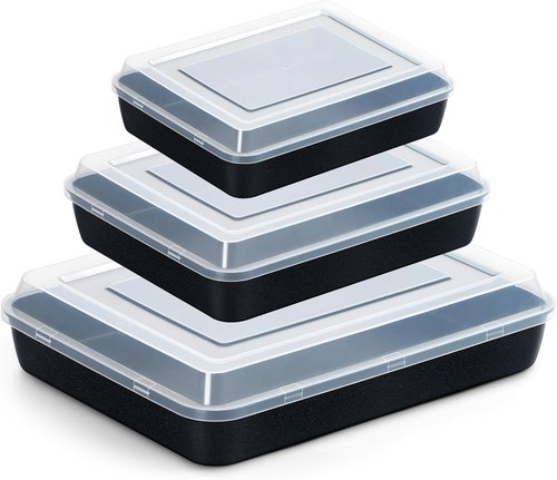 E-far Baking Pans Set of 3 - Nonstick Sheet Cake & Lasagna Pan with Lids | 12.5/10.5/9.4 Inch Metal Bakeware