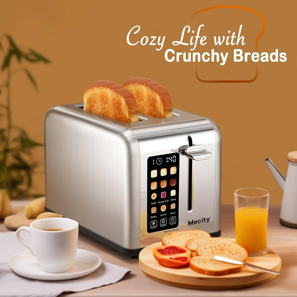 Mecity Stainless Steel 2-Slice Toaster - Touch Screen, 1.5" Wide Slot, Timer & Defrost Functions