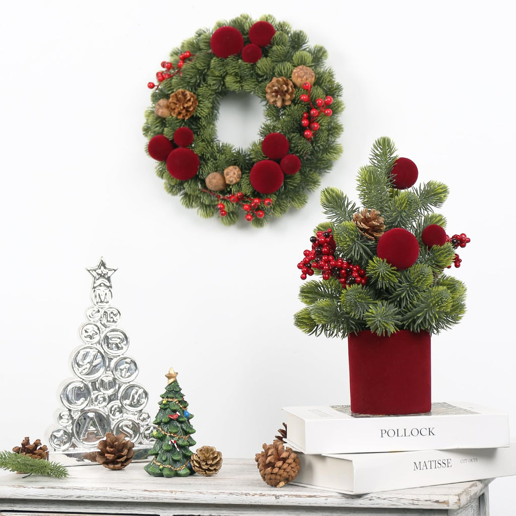Small Christmas Tree, 12Inch Artificial Burgundy Velvet Ball Berry Mini Tabletop Christmas Decorations, for Home Party Thankgivings Xmas Indoor Decor.
