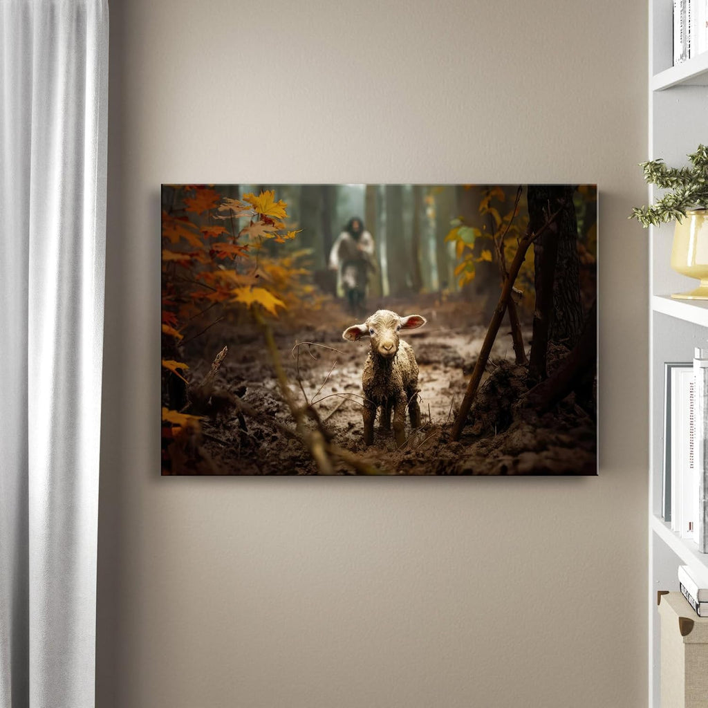 Ploceiny Large Jesus Running After Lost Lamb Canvas Wall Art - Perfect Baptism Gift | 36" x 24" Home Decor