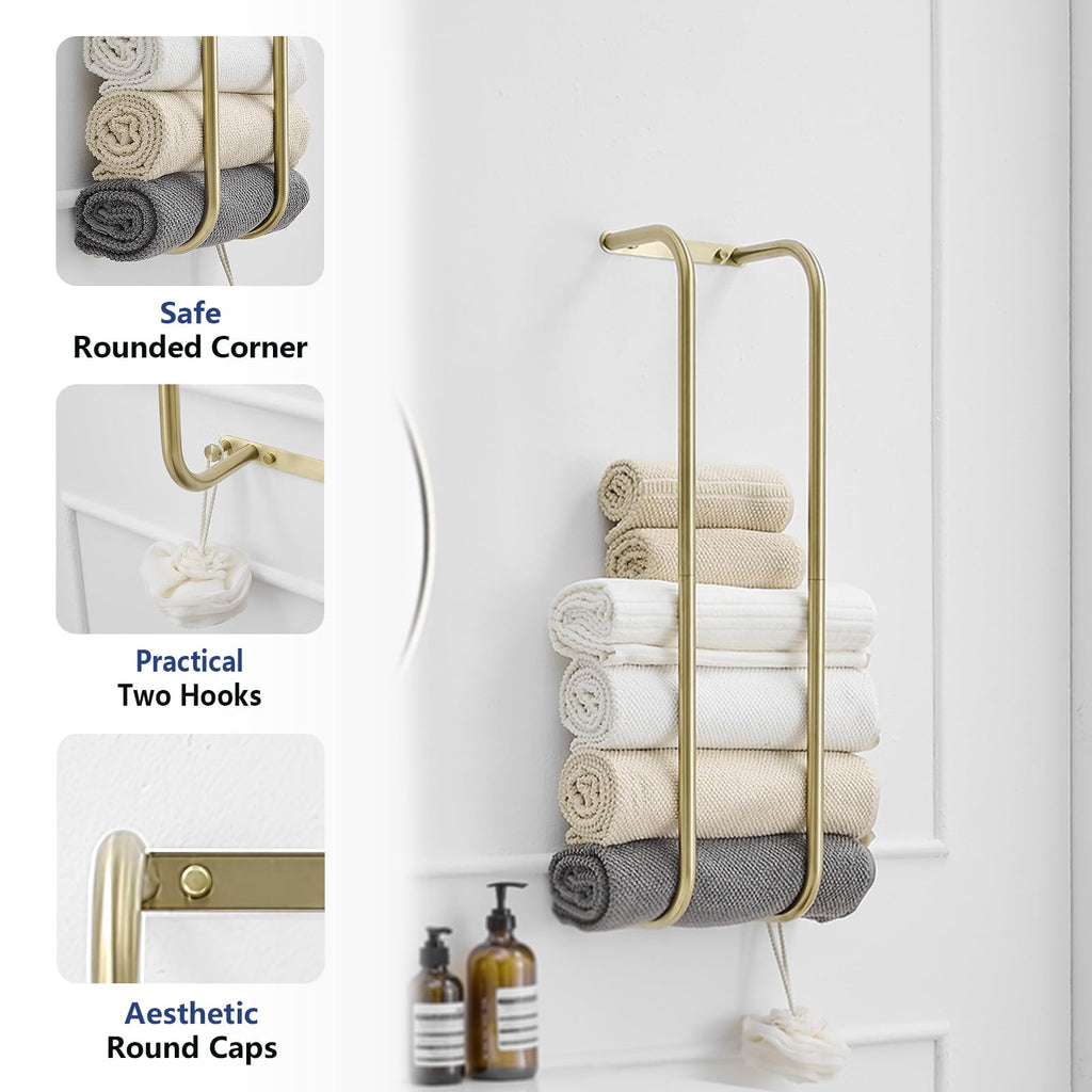 BWE Brushed Gold Towel Racks for Bathroom, Wall Mounted Towel Rack for Rolled Towels, Bathroom Towel Storage, Stainless Steel Vertical Towel Holder, Bathroom Organizer