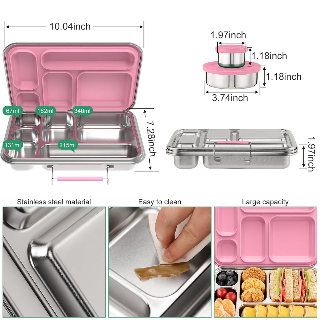 TOURPOR Stainless Steel Bento Box for Adults & Kids, 5-Compartment Lunch Box with 2 Sauce Containers, BPA-Free Bento Lunch Container, Dishwasher Safe, School & Work Meal Prep Lunch Container (Pink)