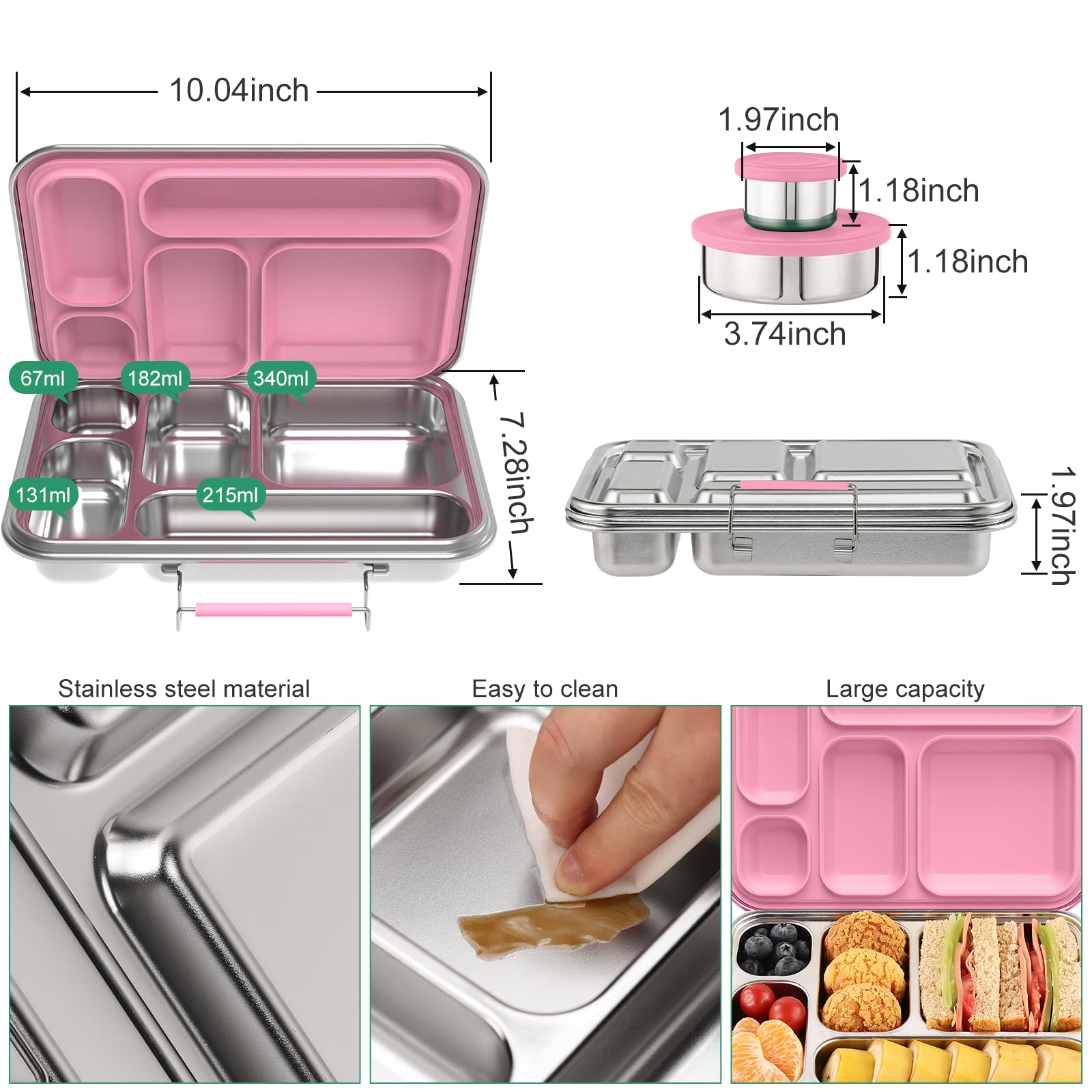 TOURPOR Stainless Steel Bento Box for Adults & Kids, 5-Compartment Lunch Box with 2 Sauce Containers, BPA-Free Bento Lunch Container, Dishwasher Safe, School & Work Meal Prep Lunch Container (Pink)