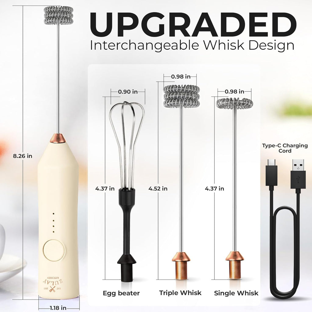 Zulay Kitchen Rechargeable Milk Frother - 3 Speed Drink Mixer with 3 Whisk Attachments - Cream Copper