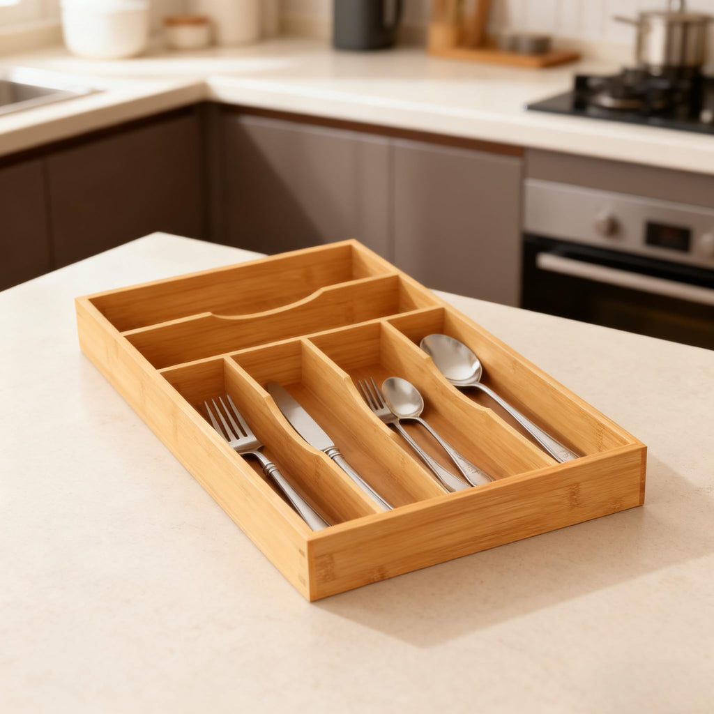 Bayting Bamboo Silverware Organizer, Bamboo Kitchen Drawer Cutlery Organizer, Utensil Holder, Flatware Organizer Tray (15.8"x9.5"x1.6")