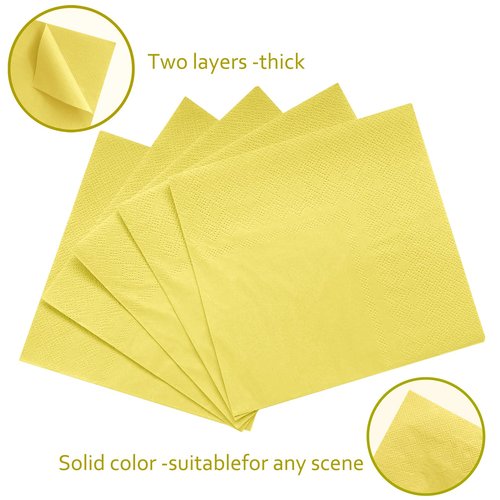 100 Pcs 2-Ply Light Yellow Napkin Disposable Cocktail Napkin Beverage Napkins Dessert Napkins for Dinner, Wedding,Birthday, Party, Bridal Anniversary Reception Event (Yellow)
