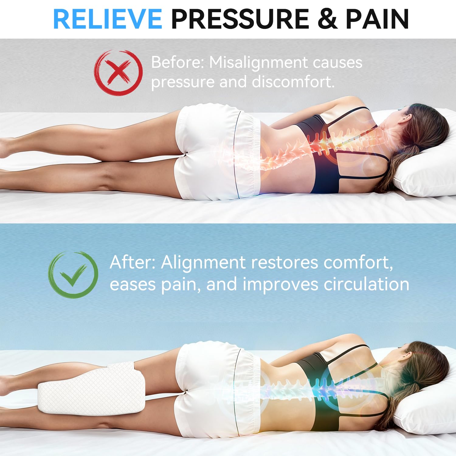 RPOMU Knee Pillow for Side Sleepers, Memory Foam Leg Pillow for Side Sleeping, Between Legs Pillow for Relief Sciatica Hip Lower Back Pain, White