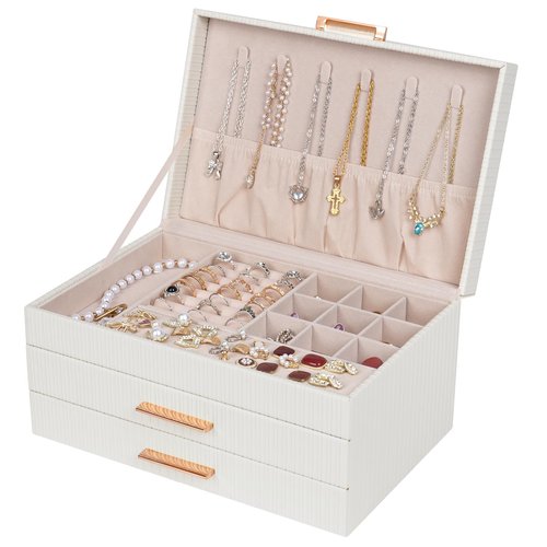 Dajasan Jewelry Boxes for Women, Jewelry Box Organizer with 2 Drawers, 3-Tier Large Jewelry Holder Organizer Box for Necklace Ring Earring Bracelet, Gift Idea, Modern Style (White)