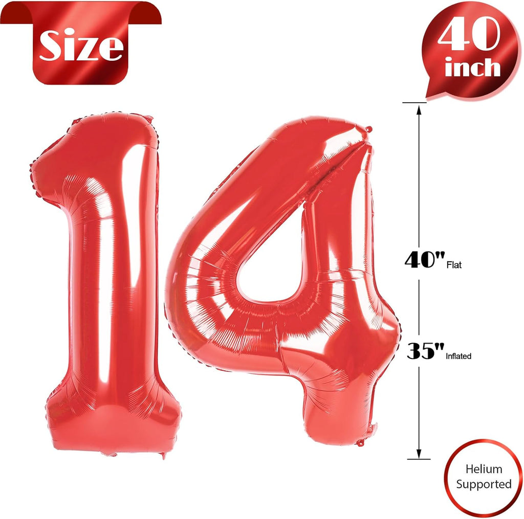 Red Number 14 Balloon - 40 Inch Birthday Decoration for 14th Birthday Party Supplies