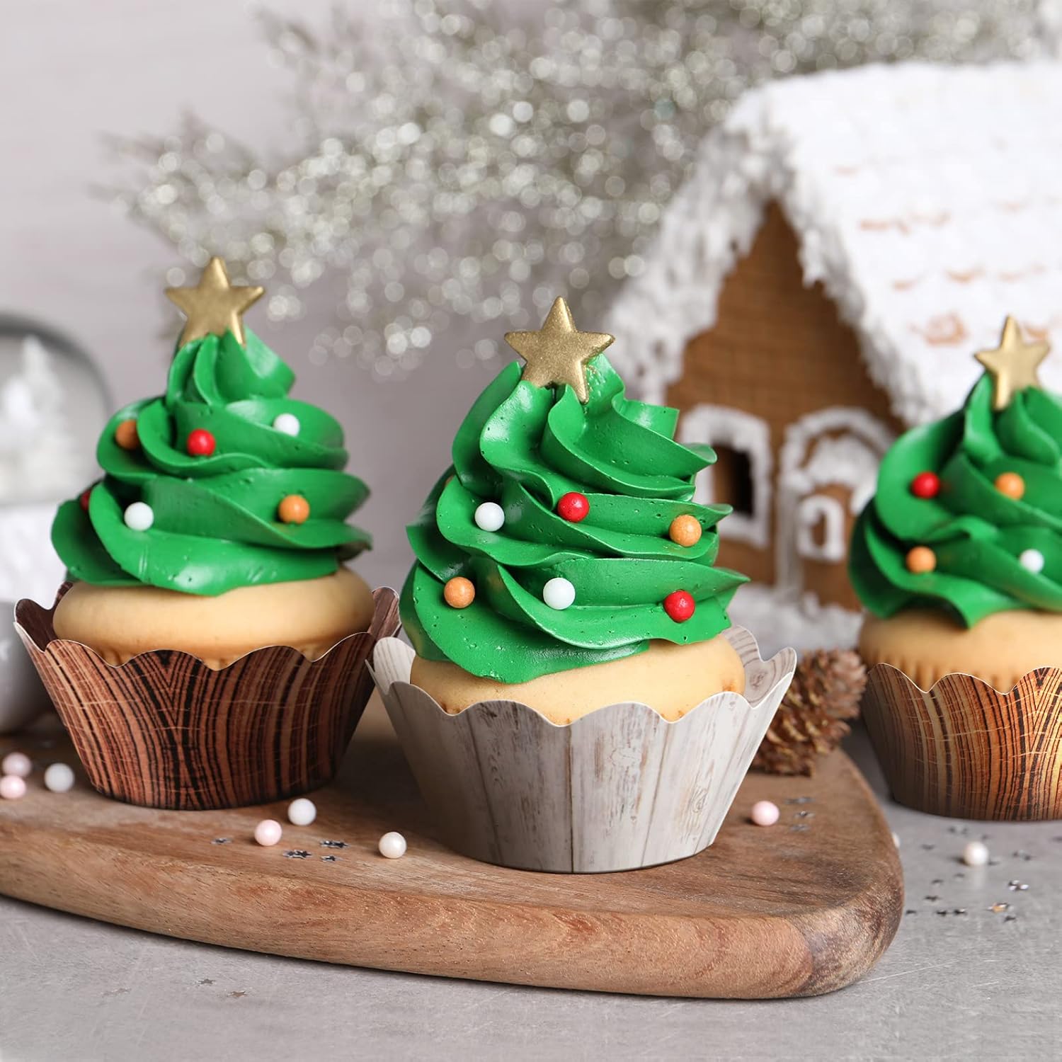 Skiennix Wood Grain Cupcake Wrappers - 120 Pcs Rustic Cake Liners for Baby Shower & Weddings | Woodland Theme