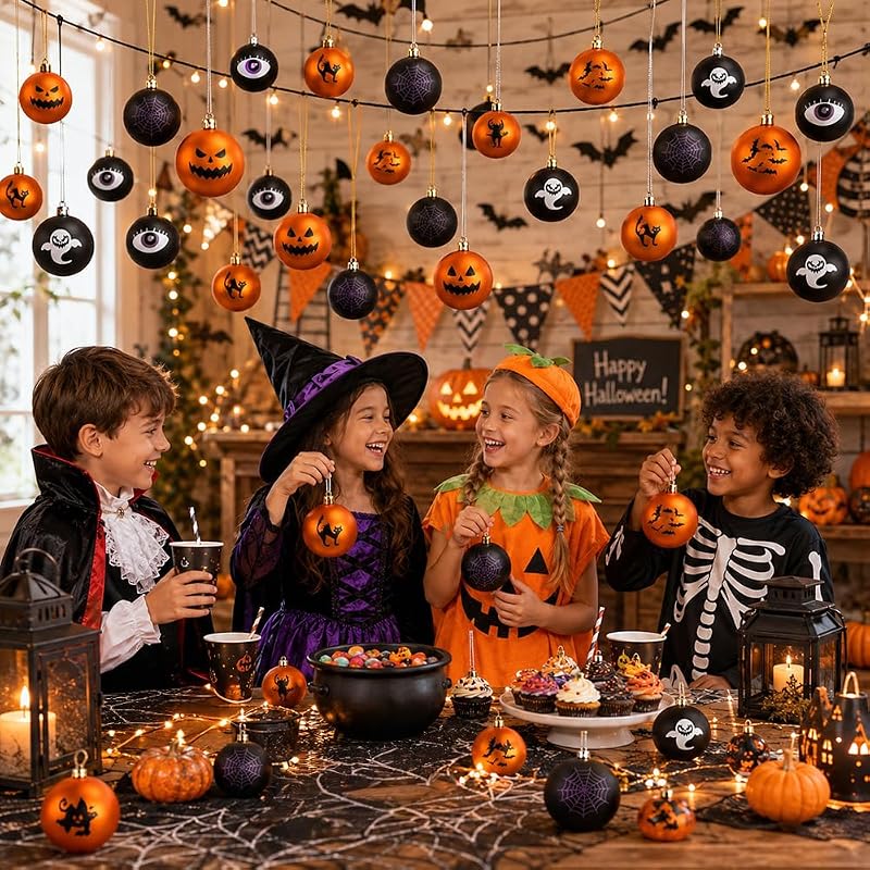 Hanging Halloween Ornaments 12-Piece Black & Orange Ball Decorations with String — 6 Designs