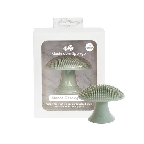 ezpz Mushroom Sponge (Sage) - Odor-Resistant Kitchen Sponge with Soft Bristles, Non-Slip Handle, Suction Base - Gently Cleans Pans, Dishes and Feeding Gear