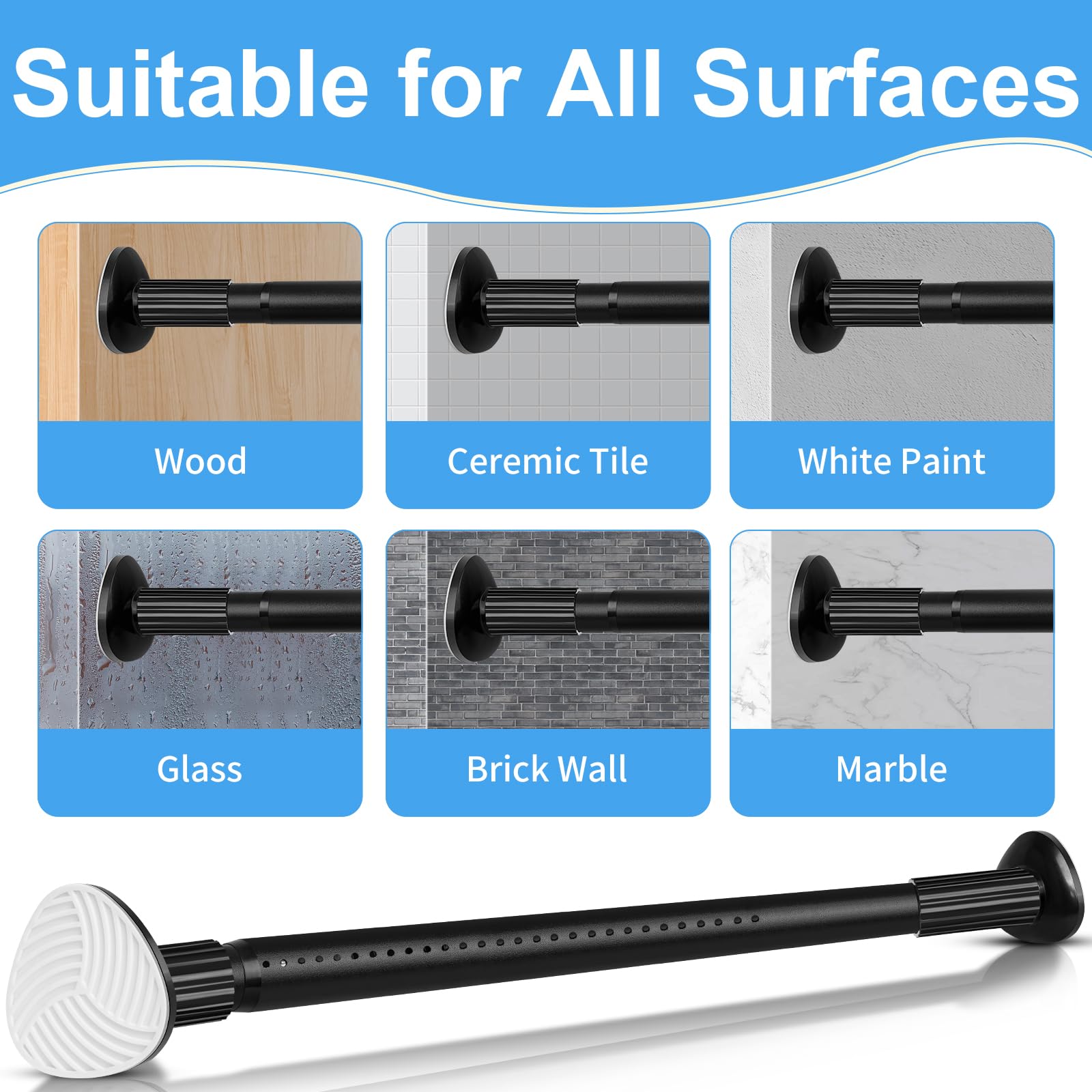 Tension Curtain Rod 51-126 Inch, Long Curtain Rod No Drilling for Window or Bathroom, Outdoor Curtain Rods for Patio Tension Rods, Easy to Install, Never Rust, Rod Diameter 1.26 Inches - Black