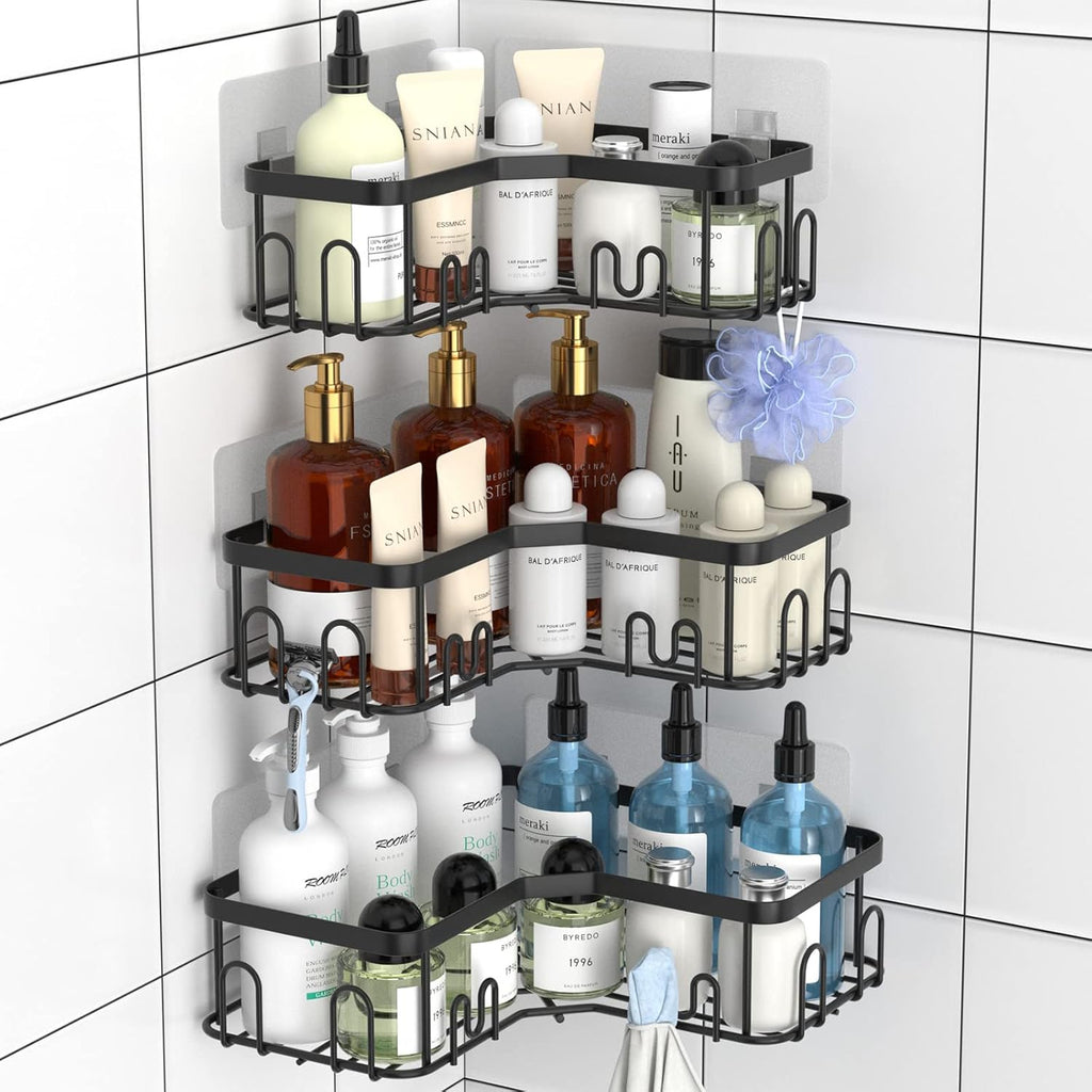 Menbyci Corner Shower Caddy - 3 Pack Adhesive Bathroom Shelves with 18 Hooks | Rustproof Stainless Steel, Black