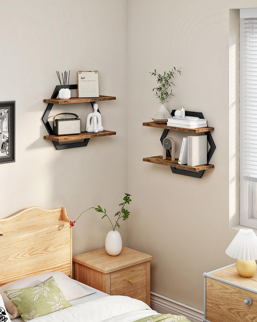 CHOEZON Hexagon Floating Shelves for Wall, Set of 2, 2 -Tier Hanging Shelves, Wall Mounted Storage Shelves, for Living Room, Bedroom, Kitchen, Home Office, Study, Rustic Brown and Black TBJ06P2BF