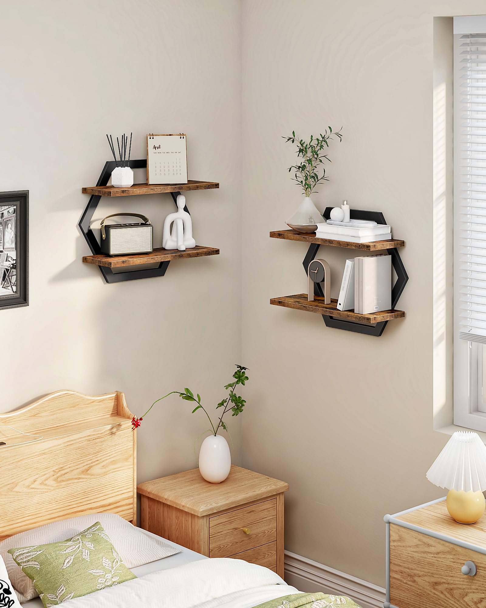 CHOEZON Hexagon Floating Shelves for Wall, Set of 2, 2 -Tier Hanging Shelves, Wall Mounted Storage Shelves, for Living Room, Bedroom, Kitchen, Home Office, Study, Rustic Brown and Black TBJ06P2BF