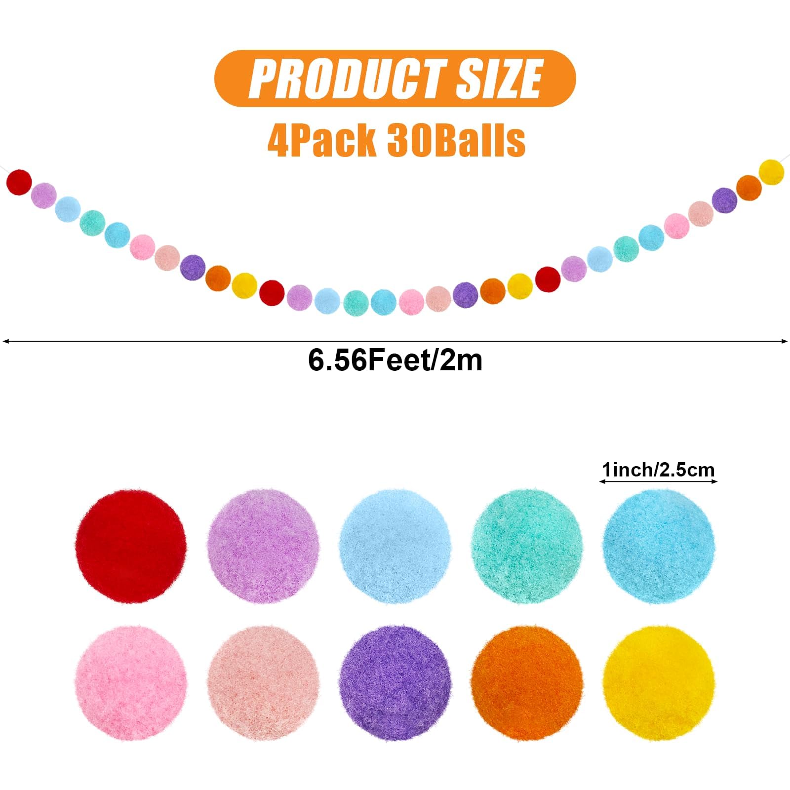 4 Pack Colorful Pom Pom Garland, 26.5 Feet Long Spring Felt Ball Rainbow Banner, 30 Balls 10Color Felt Ball Garland for Easter Decoration Party Hanging Decor