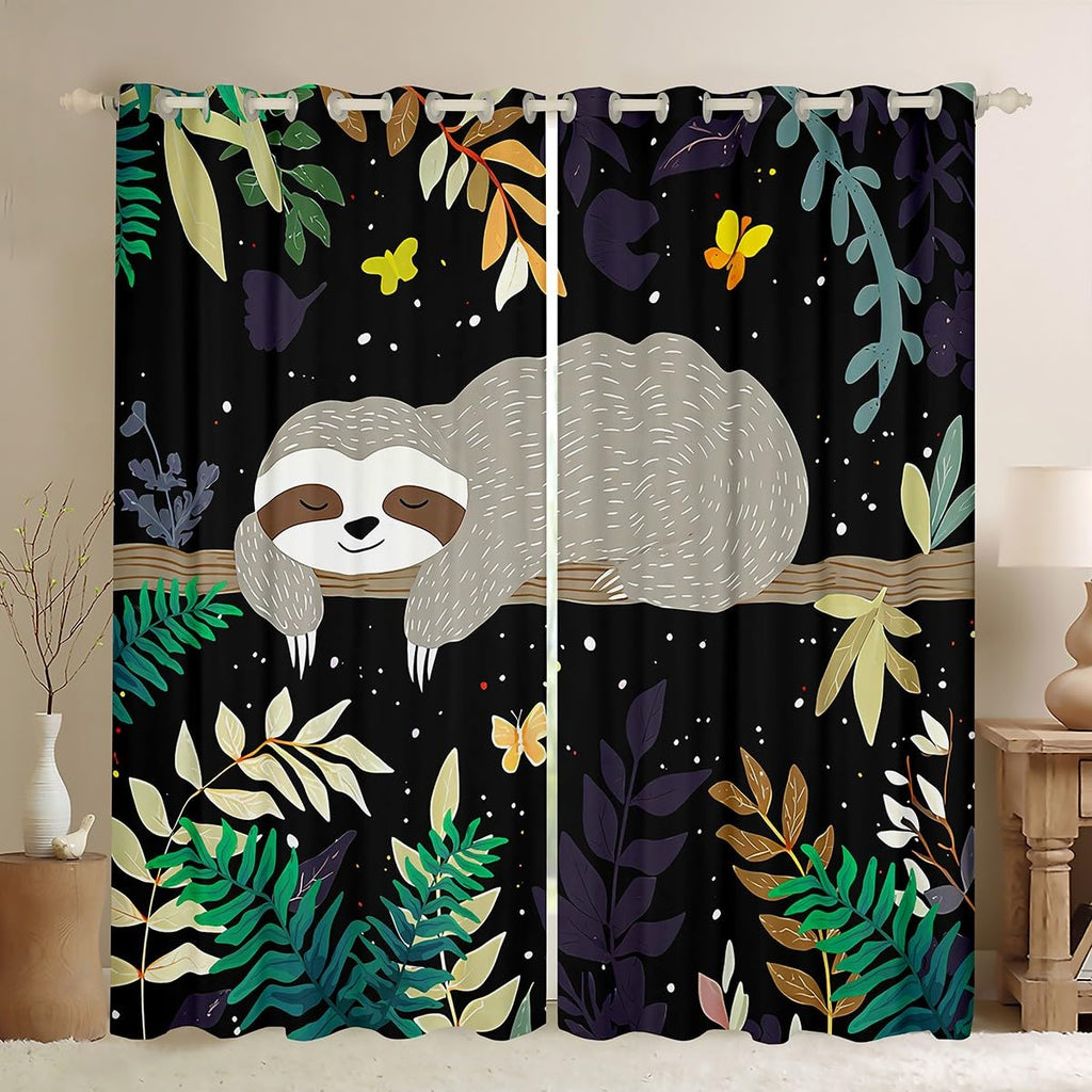 Feelyou Sloth Window Treatments Cute Sloth Window Drapes for Kids Boys Girls Galaxy Butterfly Curtains Botanical Leaves Blackout Curtain 42W X 63L,2 Panels